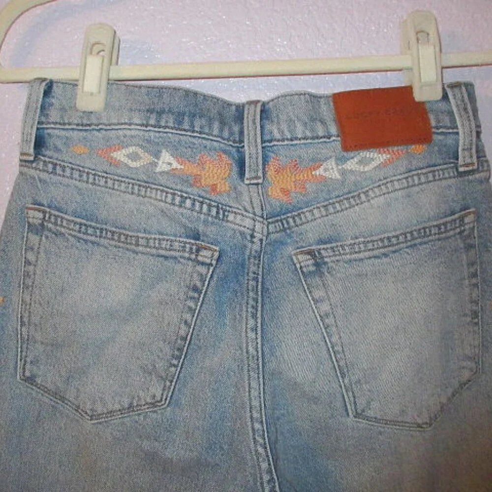 Lucky Brand Aztec Embroidered Jeans Womens 2 / 26 Button Fly High Rise Crop Drew